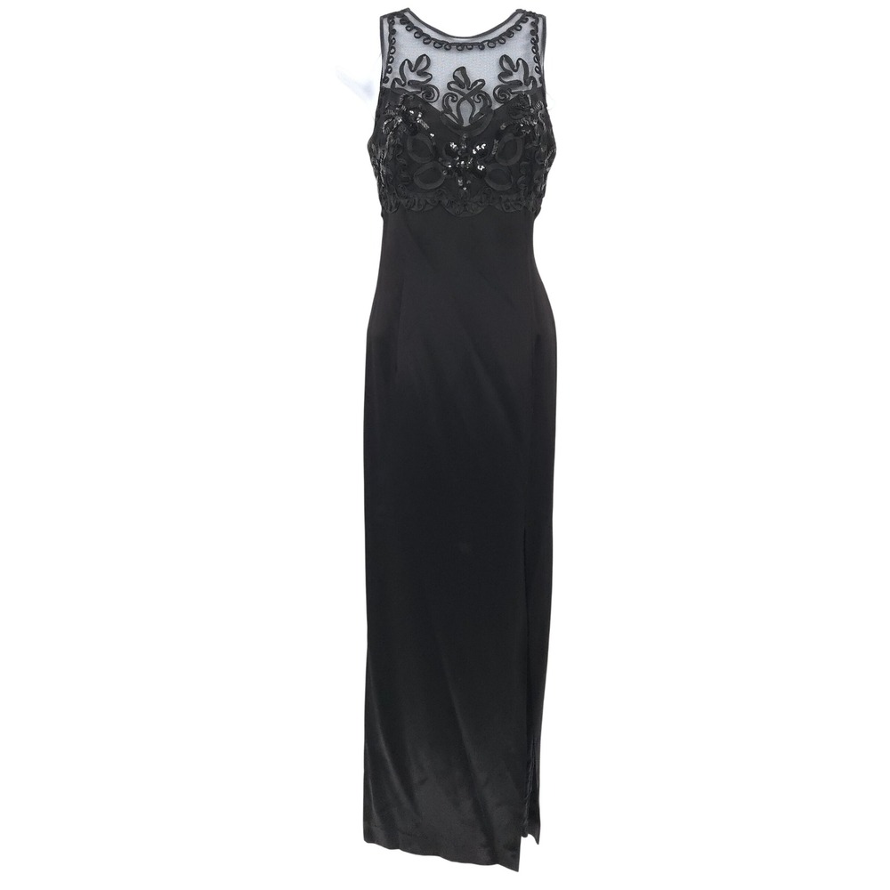Jessica McClintock Vintage 90s Gown Women 8 Black Sequin Mesh Illusion Cutout